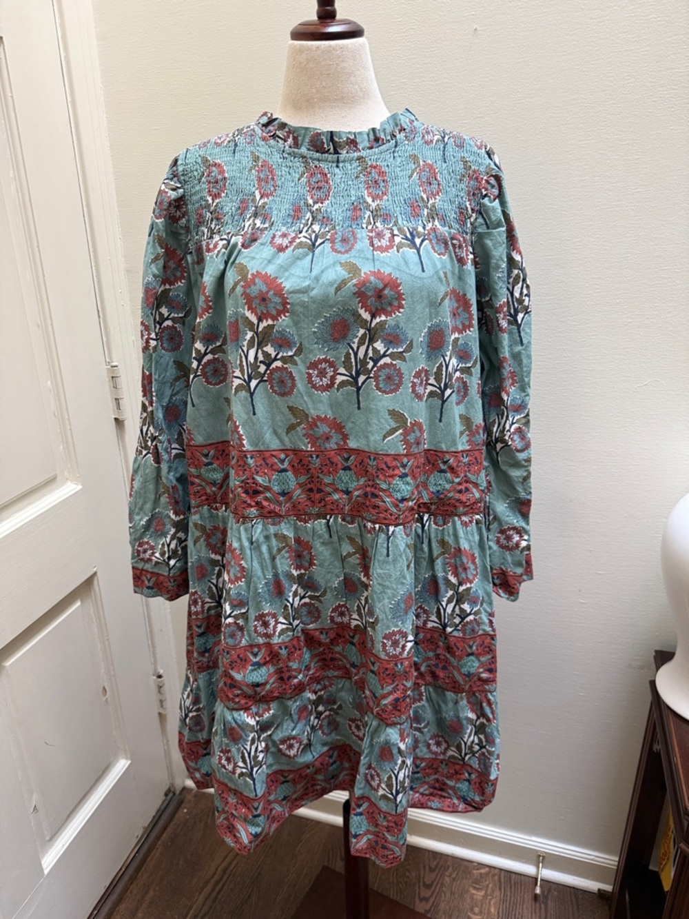 Victoria Dunn Teal and Rust Floral Smocked Yoke Midi Dress